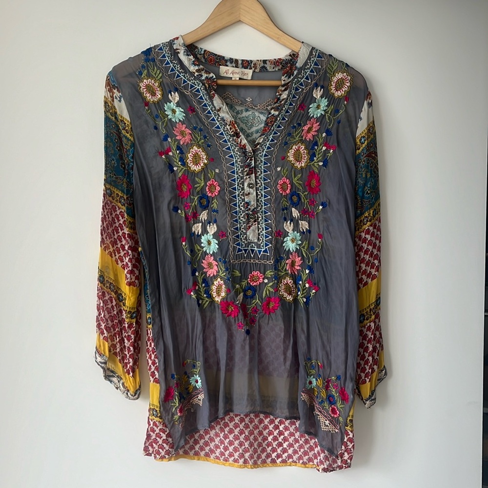 All About Her boho top with embroidery. Size small. Like new.